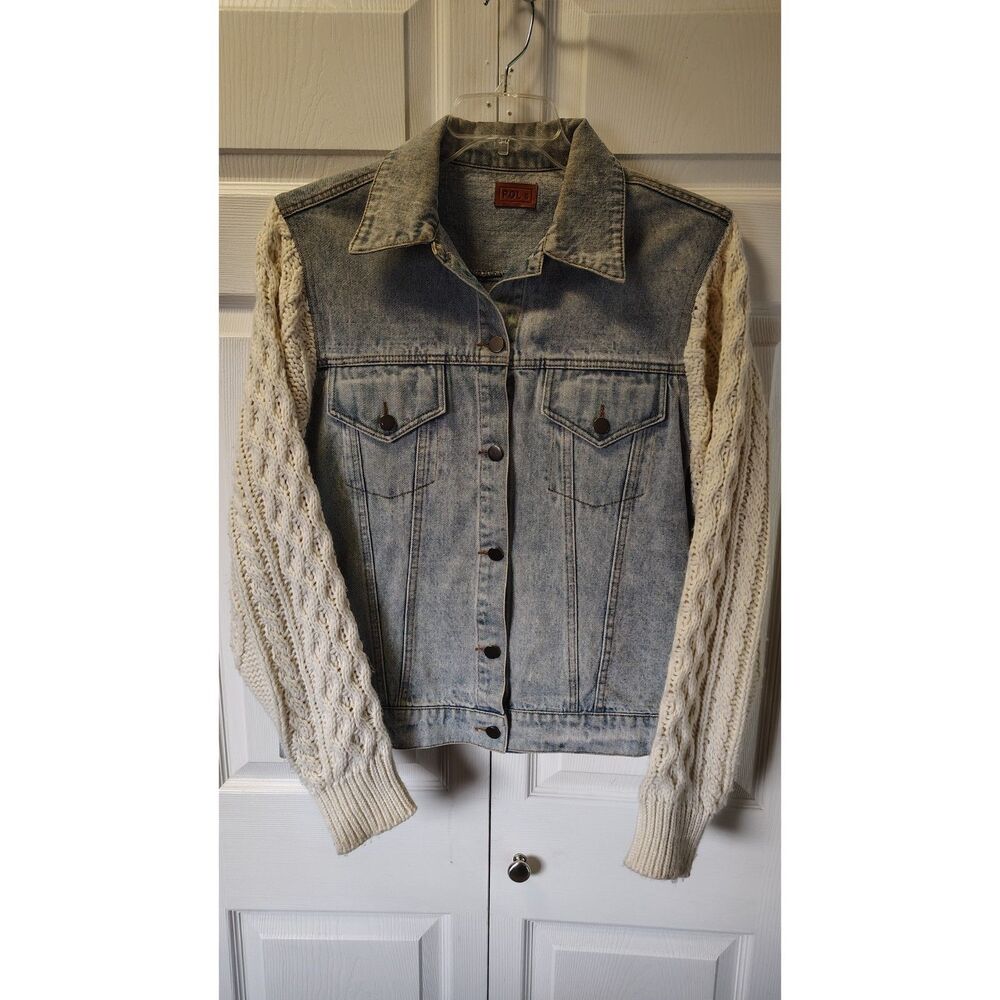 POL Clothing Distressed Denim Jacket with Cable Knit Sleeves - Size Small